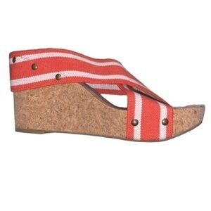 Lucky Brand Miller 2 Ladies Sandal Cork Wedge Heel Orange and White Size 8.5